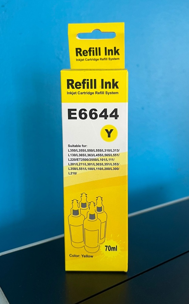 Botella de tinta Epson Yellow genérica 70ML compatible con L350, L355, L550, L555, L310, L313, L130, L365, L363, L455, L565, L551, L220, L101, L111, L201, L211, L301, L303, L351, L353, L358, L551, L100, L110, L200, L300, L210, ET2500/2550 70ML (7,000 paginas)