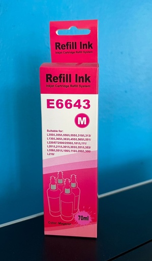 [E6643] Botella de tinta Epson Magenta genérica 70ML compatible con L350, L355, L550, L555, L310, L313, L130, L365, L363, L455, L565, L551, L220, L101, L111, L201, L211, L301, L303, L351, L353, L358, L551, L100, L110, L200, L300, L210, ET2500/2550 70ML (7,000 paginas)
