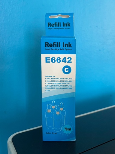 [E6642] Botella de tinta Epson Cyan genérica 70ML compatible con L350, L355, L550, L555, L310, L313, L130, L365, L363, L455, L565, L551, L220, L101, L111, L201, L211, L301, L303, L351, L353, L358, L551, L100, L110, L200, L300, L210, ET2500/2550 70ML (7,000 paginas)